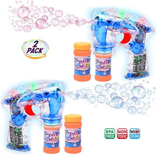 Haktoys Paquete de 2 pistolas de burbujas, soplador iluminado con luces intermitentes, botella adicional, juguete de burbujas para niños pequeños, fiestas (sin sonido, pilas incluidas)