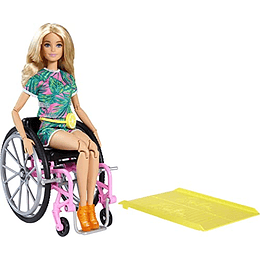 Muñeca Barbie Fashionistas n.° 165, con silla de ruedas y cabello rubio largo con un mameluco tropical, zapatos naranjas y riñonera de limón, juguete para niños de 3 a 8 años [Exclusivo de Amazon]
