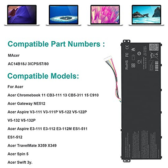 AC14B18J 11.4V/36Wh Batería para computadora portátil Acer Aspire E3-111 E3-112 E3-112M ES1-511 ES1-512 V3-111 V5-122 V5-132 Reemplazo para Chromebook 11 CB3-111 13 CB5-311 15 C910