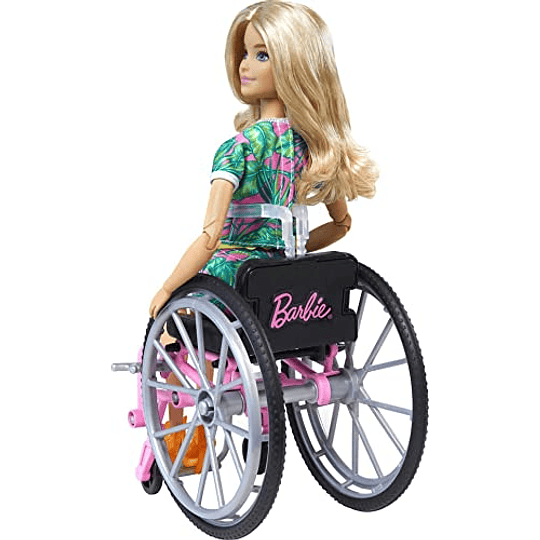 Muñeca Barbie Fashionistas n.° 165, con silla de ruedas y cabello rubio largo con un mameluco tropical, zapatos naranjas y riñonera de limón, juguete para niños de 3 a 8 años [Exclusivo de Amazon]