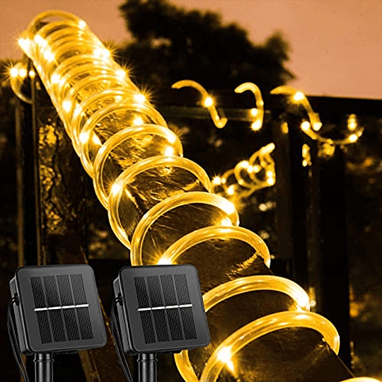 Cuerda de luces solares para exteriores, paquete de 2, 39 pies, 100 luces LED impermeables con energía solar con 8 modos de iluminación, luces de tubo de PVC de alambre de cobre para jardín, boda, fie