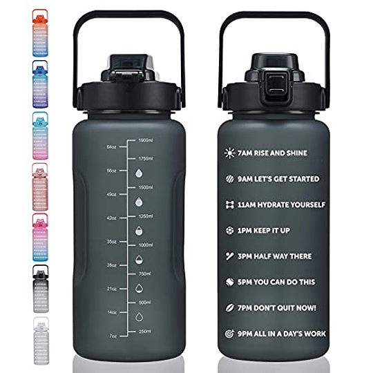  QAZW Botella de agua de 64 onzas / 2 litros con marcador de  tiempo motivacional/filtro extraíble, jarra de agua de tritrán a prueba de  fugas, sin BPA, boca ancha para garantizar