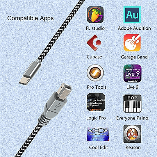 Cable MIDI para iPad Pro, USB C a USB B Cable MIDI OTG Tipo C Cable de impresora para MacBook/iPad Pro/Samsung/Google/Laptop, trabajo con instrumento de música electrónica/piano/teclado Midi