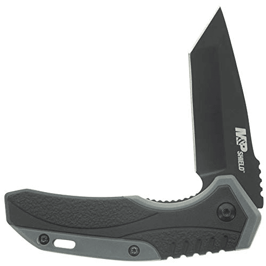 Smith & Wesson M&P Shield 6.8 pulgadas de acero inoxidable Cuchillo de apertura asistido con una cuchilla tanto de 2.8 pulgadas y mango de goma para al aire libre, táctico, supervivencia y EDC