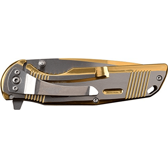 Mtech USA MT-A1019GD Spring Assist Knife plegable, cuchilla de borde recto de dos tonos, mango de oro, 4.5 pulgadas en general