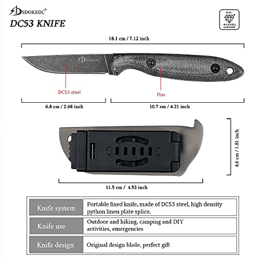 Cuchillos SDOKEDC DC53 CANCIA TÁCTICA DE ACERO TÁCTICO Táctico con vaina Kydex para hombres EDC Campo de supervivencia al aire libre (lavado de piedra negra)