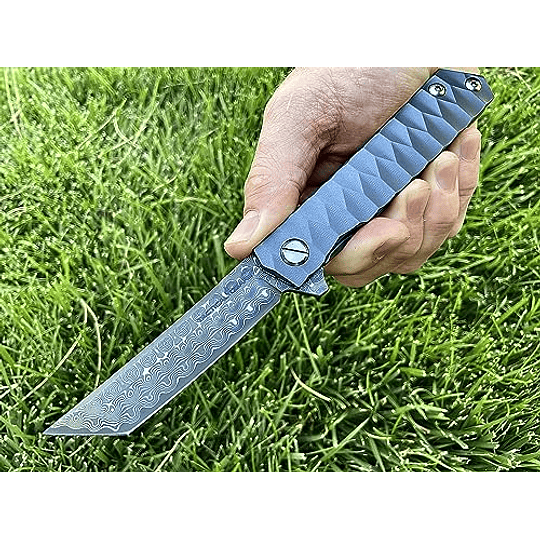 Cuchillo plegable de bolsillo EDC de acero de acero táctico, mango de titanio TC4 sólido! Para acampar al aire libre, senderismo (XT Blue Metallic)