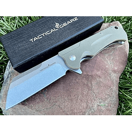 Táctica Gearz G10 Camsillo de bolsillo! Tg eros, mango G10! Razor Sharp Stone Washed D2 Steel Blade! ¡Incluye la vaina! (Arena)