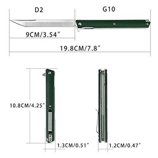 Tenchilon T42 Small Slim Pocket Flipper Knife, 3.5 pulgadas D2 Tanto Hojas, manija G10 contorneado con bloqueo de revestimiento Compacto de caballeros plegables EDC táctico, 2 oz (verde)