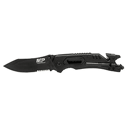 Smith & Wesson M&P 8.5in High Carbon S.S. Cuchillo plegable asistido con primavera con una cuchilla de punta dentada de 3.5 pulgadas y mango de goma para supervivencia al aire libre y EDC