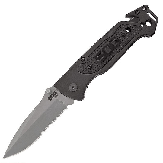 SOG Escape Táctico Tactical Plegable Caminaje de bolsillo de 3.4 pulgadas Cuchilla de cuchilla de borde serrada con interruptor de vidrio, stripper de alambre y lineas de cortadoras (FF25-CP), negro