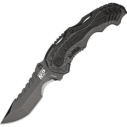 Smith & Wesson SWMP6S 7.7in High Carbon S.S. Cuchillo plegable asistido con una cuchilla de punto clip de 3.4 pulgadas y mango de aluminio para táctico, supervivencia y EDC, negro