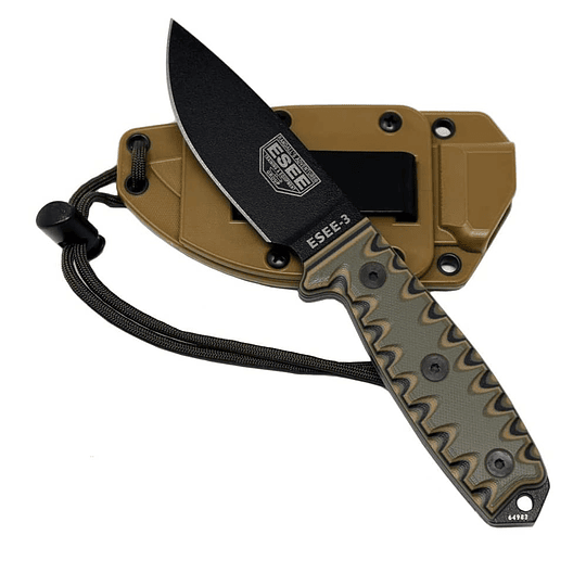 ESEE 3P SUPERVIVA Cuchillo fijo de la cuchilla, diseño del mango de diente de sierra OEM, vaina de coyote marrón