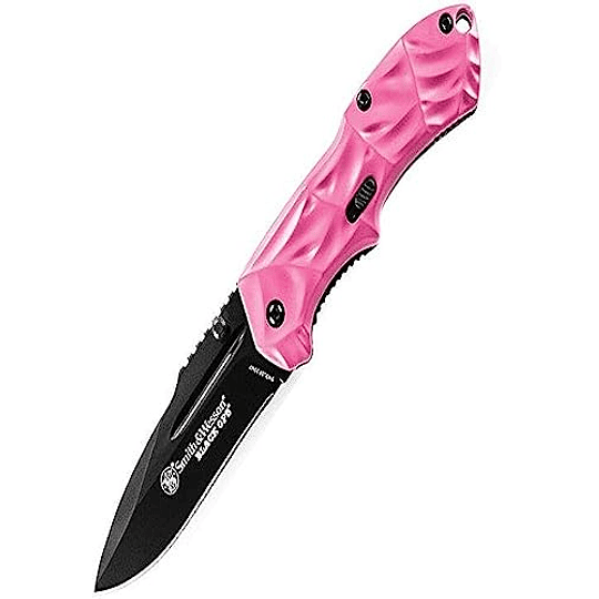 Smith & Wesson Black Ops SWBLOP3SMP Pink 5.8in S.S. Cuchillo de apertura asistido con una cuchilla de punto de caída de 2.5 pulgadas y mango de aluminio para táctico, supervivencia y EDC