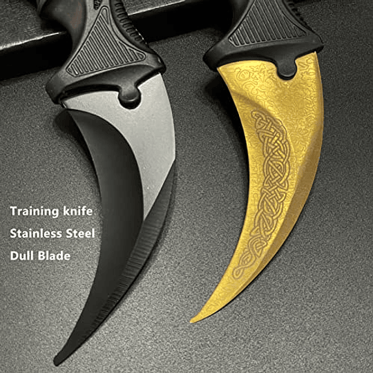 Karambit Knife Entrenador de acero inoxidable Práctica KARAMBIT Cuchillo FIJO Cuchillo Karambit Knife con vaina y cordón adecuado para caminar, aventura, supervivencia y colección 2 piezas (oro negro)