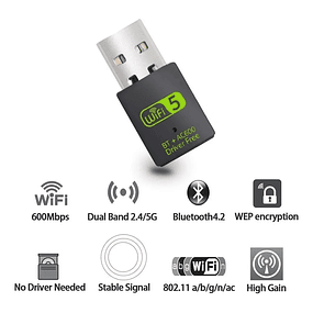 ADAPTADOR USB WIFI DUAL BAND (2,4 Y 5GHZ) 600MBPS MAS BLUETOOTH 4.2. 