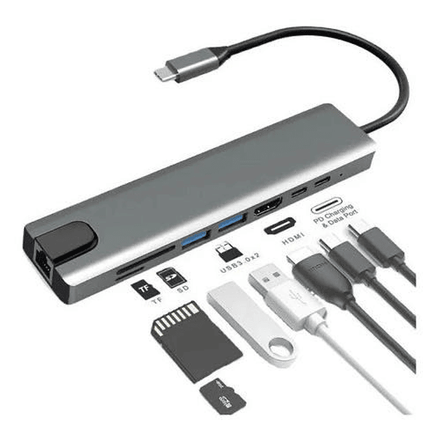 ADAPTADOR HUB MULTIPUERTO USB-C 8 EN 1, HDMI, USB 3.0, LAN RJ45, USB-C PD