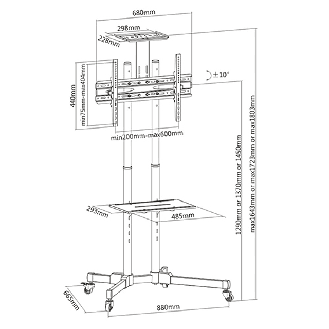 SOPORTE MOVIL MINDTEK TV LED PEDESTAL CON RUEDAS 37-75", 2 BANDEJAS, HASTA 50KG