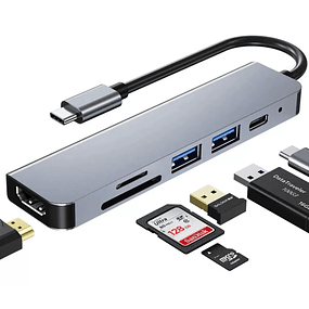 ADAPTADOR HUB MULTIPUERTO USB-C 6 EN 1, HDMI, USB 3.0,  TF, SD, USB-C PD