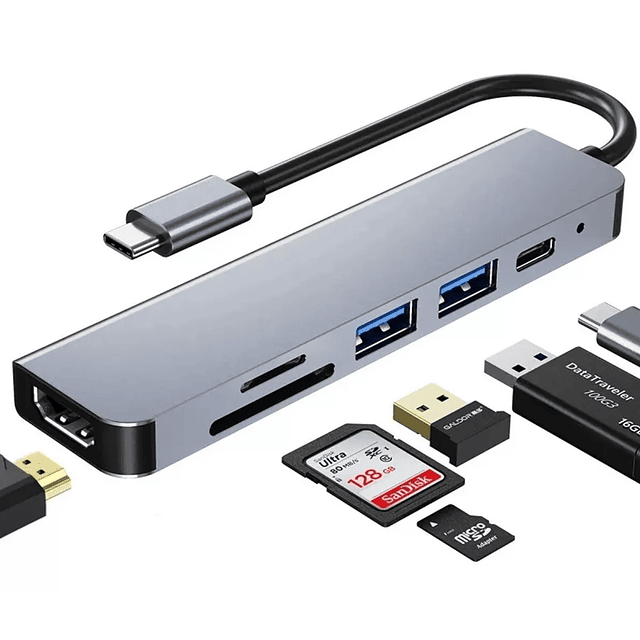 ADAPTADOR HUB MULTIPUERTO USB-C 6 EN 1, HDMI, USB 3.0,  TF, SD, USB-C PD