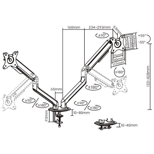 SOPORTE MONITOR ERGONÓMICO ALUMINIO ESCRITORIO 2 BRAZOS 17" A 32"