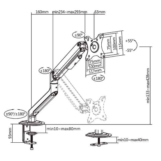 SOPORTE MONITOR ERGONÓMICO ALUMINIO ESCRITORIO 1 BRAZO 17" A 32"