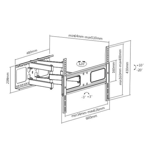 SOPORTE CON BRAZO LARGO 46CM, CON ARTICULACION E INCLINACION DE 32" A 80" 40KG