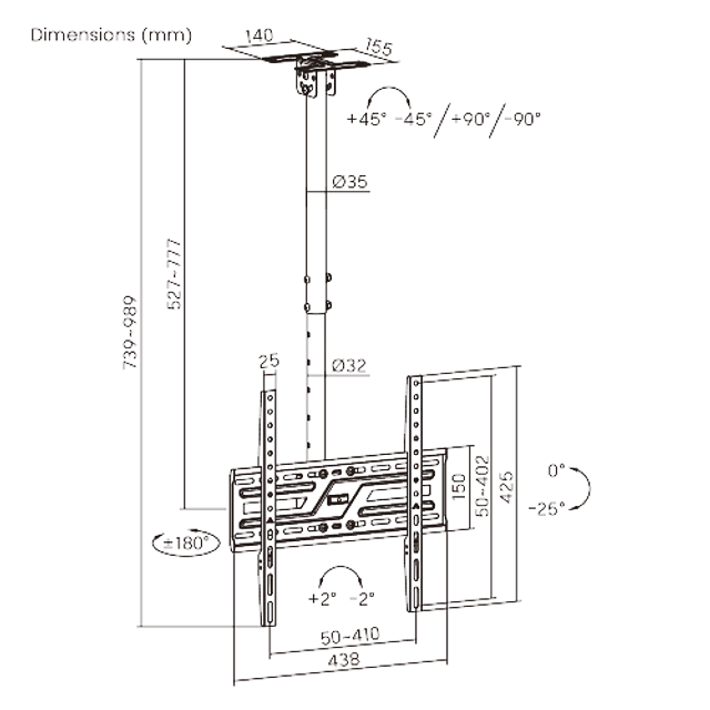 SOPORTE PARA TV LCD LED UNIVERSAL A TECHO 23-65", VMAX 400X400, 50 KG. 