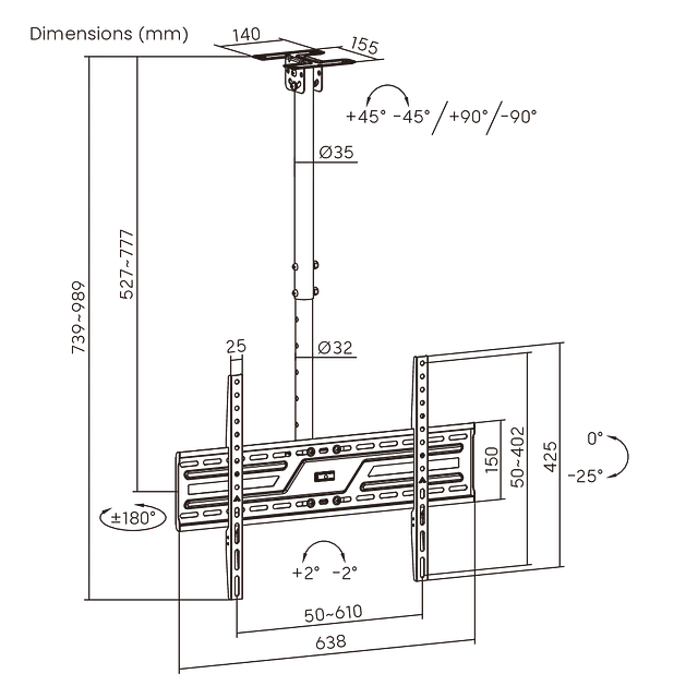 SOPORTE PARA TV LCD LED UNIVERSAL A TECHO 23-86", VMAX 600X400, 50 KG.