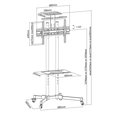Soporte para tv lcd led tipo pedestal con ruedas 37-73", vmax 600x400, 1 bandeja, 50kg. 