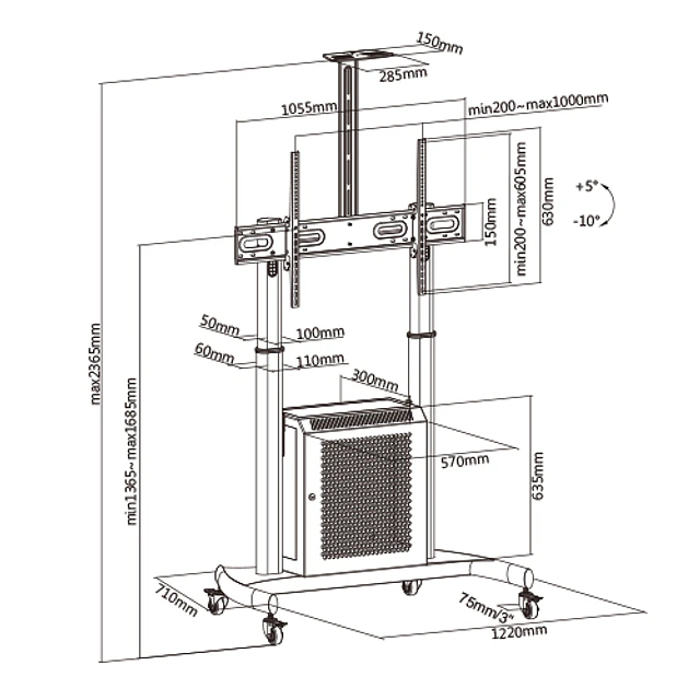 SOPORTE PREMIUM PARA TV Y PANTALLA INTERACTIVA CON GABINETE 60-100", VMAX 1.000X600, 100 KG.