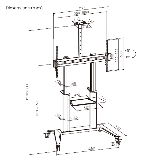 SOPORTE MÓVIL PROFESIONAL EN MADERA Y METAL PARA TV DE GRANDES DIMENSIONES (60" A 100") - ROHE RHS1433