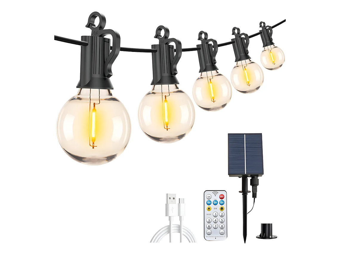 Luces Guirnalda Solar Led Exterior 15m 25 Ampolletas Control Luces Amarillo 1