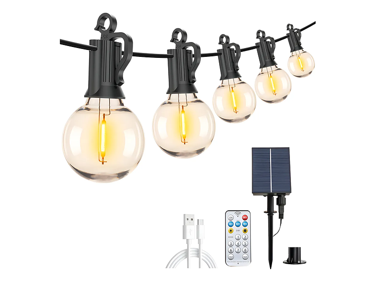 Luces Guirnalda Solar Led Exterior 15m 25 Ampolletas Control Luces Amarillo 1