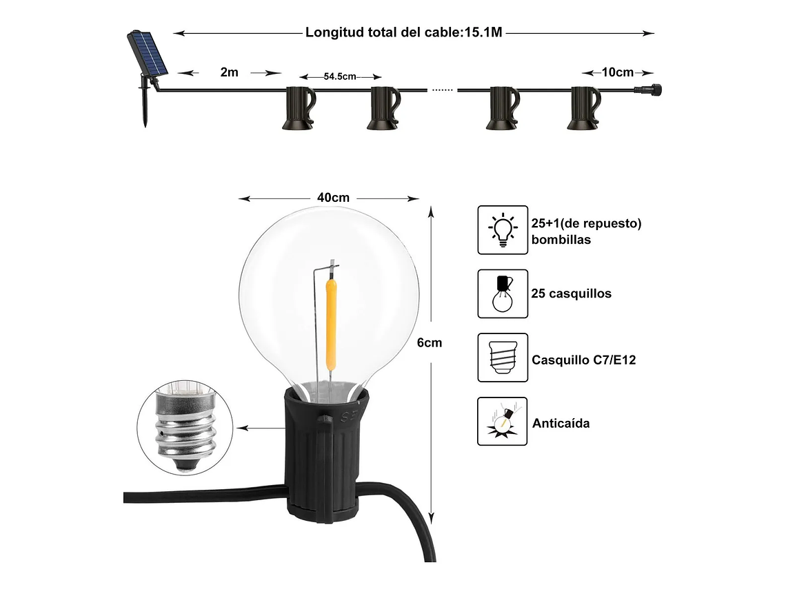 Luces Guirnalda Solar Led Exterior 15m 25 Ampolletas Control Luces Amarillo 2