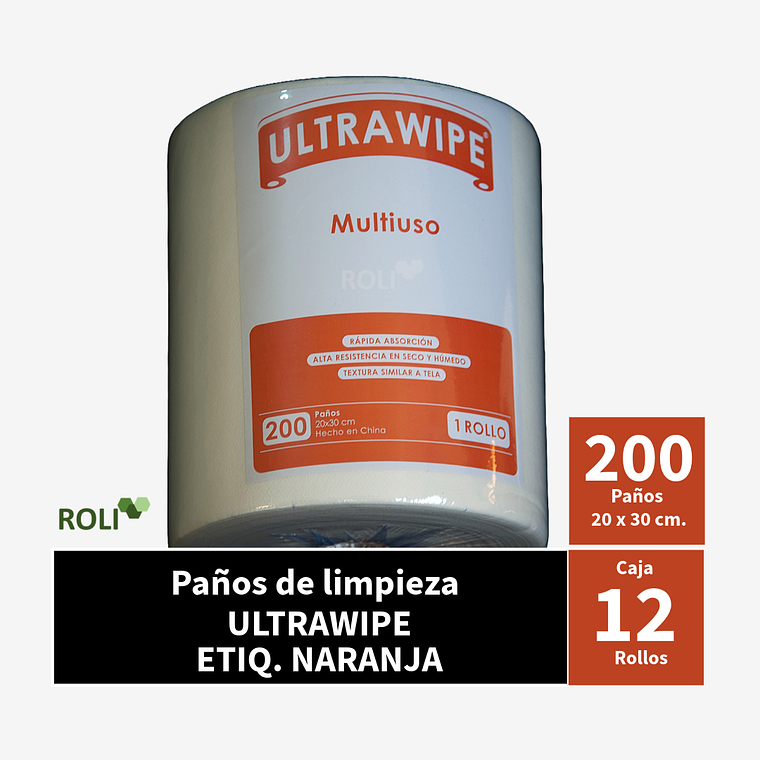 Paños Ultrawipe Rollo Naranja 200 paños de 20x30 cm Caja 12 rollos 1