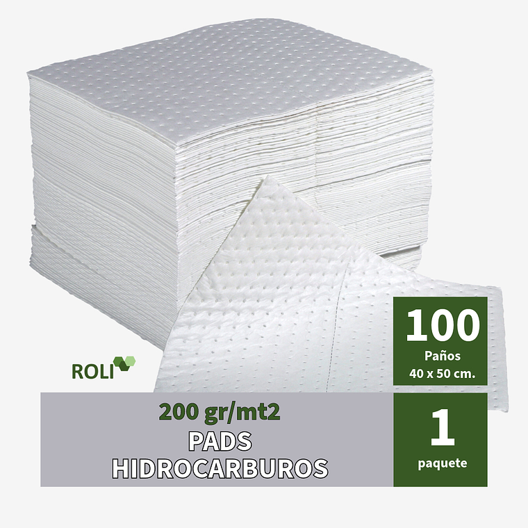 100 Paños Pads Hidrocarburos 50x40 cm 200 Gr. 1
