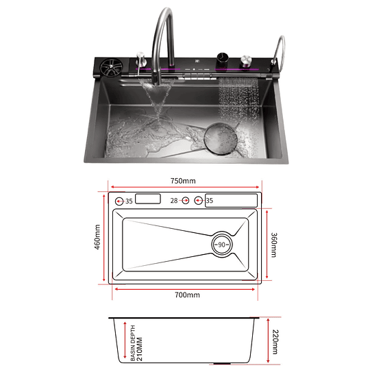 Lavadero Multifuncional de Lujo Nano Negro 7 Teclas con Accesorios Premium