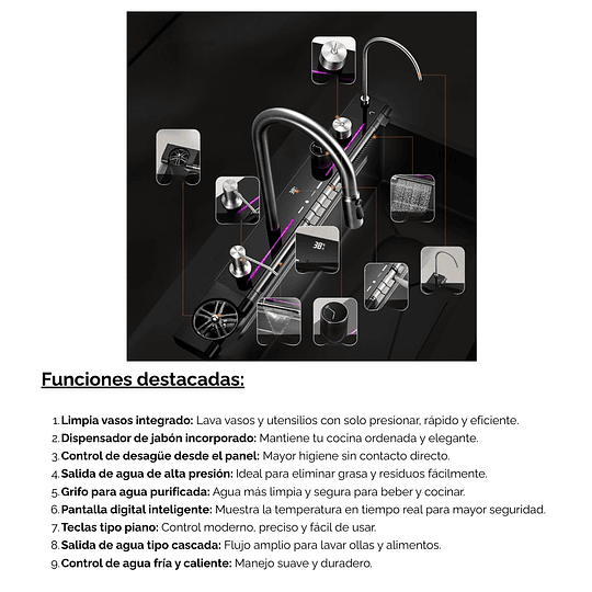 Lavadero Multifuncional de Lujo Nano Negro 7 Teclas con Accesorios Premium