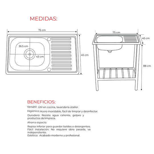LAVADERO DE COCINA 1 POZA 75CM X 45CM CON SOPORTE DE ACERO SG-7545C1