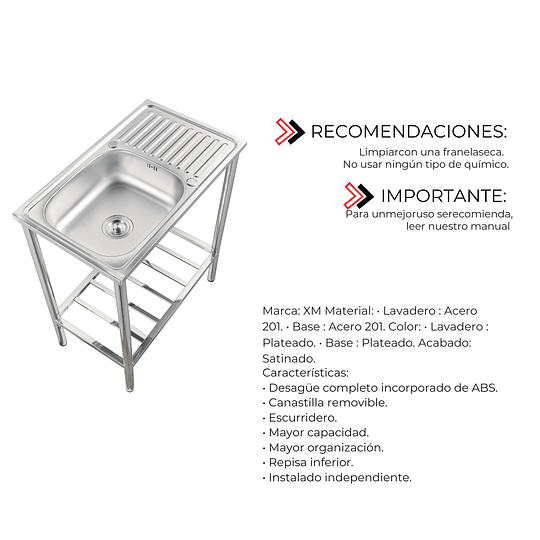 LAVADERO DE COCINA 1 POZA 75CM X 45CM CON SOPORTE DE ACERO SG-7545C1