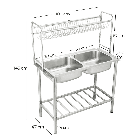 LAVADERO DE COCINA 2 POZAS CON MUEBLE DE ACERO INOX. SG-10050B1