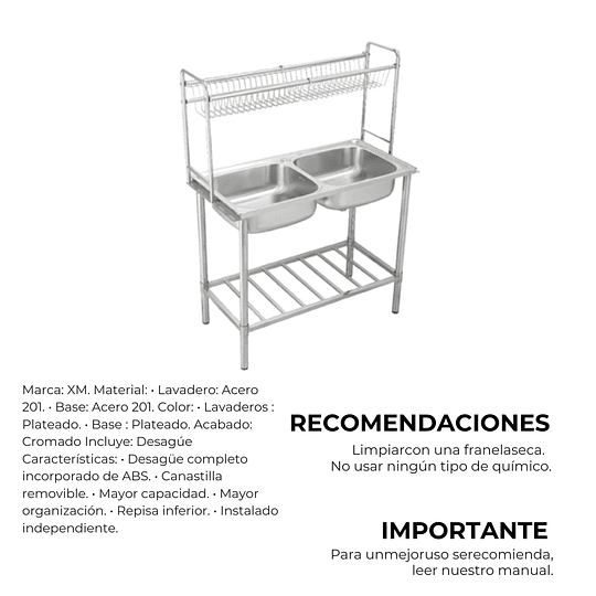 LAVADERO DE COCINA 2 POZAS CON MUEBLE DE ACERO INOX. SG-10050B1
