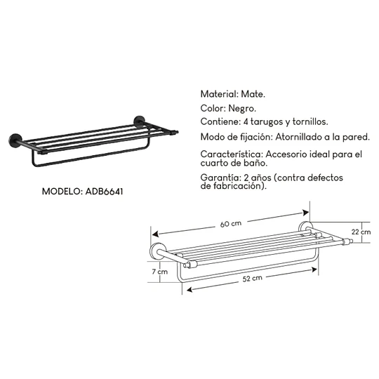 TOALLERO DE PARED CON REPISA ADB6641 NEGRO MATE