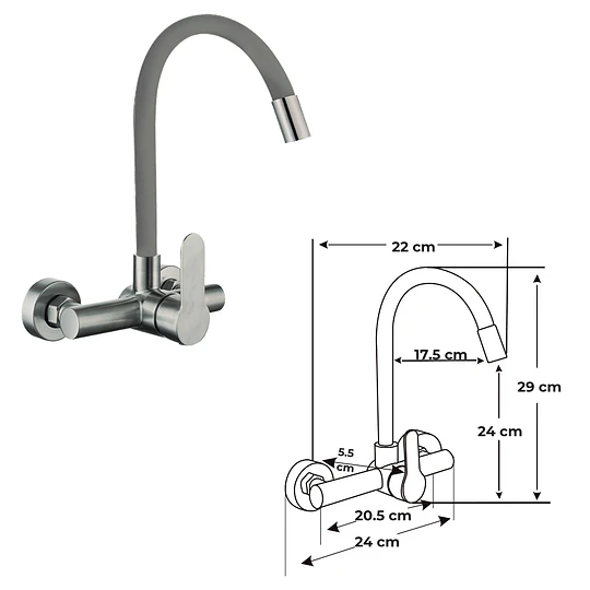 MEZCLADORA DE PARED MC304-244-03 CON CUELLO FLEXIBLE PLOMO
