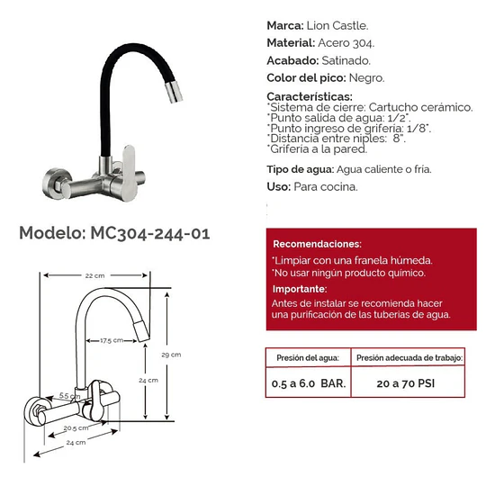 MEZCLADORA DE PARED MC304-244-01 CON CUELLO FLEXIBLE NEGRO