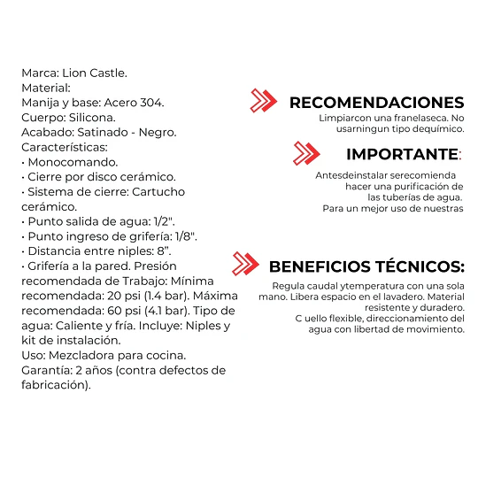 MEZCLADORA DE PARED MC304-244-01 CON CUELLO FLEXIBLE NEGRO