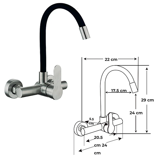 MEZCLADORA DE PARED MC304-244-01 CON CUELLO FLEXIBLE NEGRO