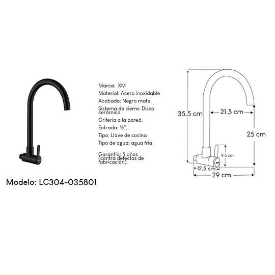 LLAVE GANSO LC304-035801 NEGRO MATE ACERO INOXIDABLE