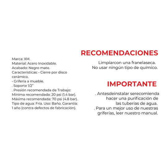 LLAVE ALTA PARA BAÑO L3035A01 NEGRO MATE